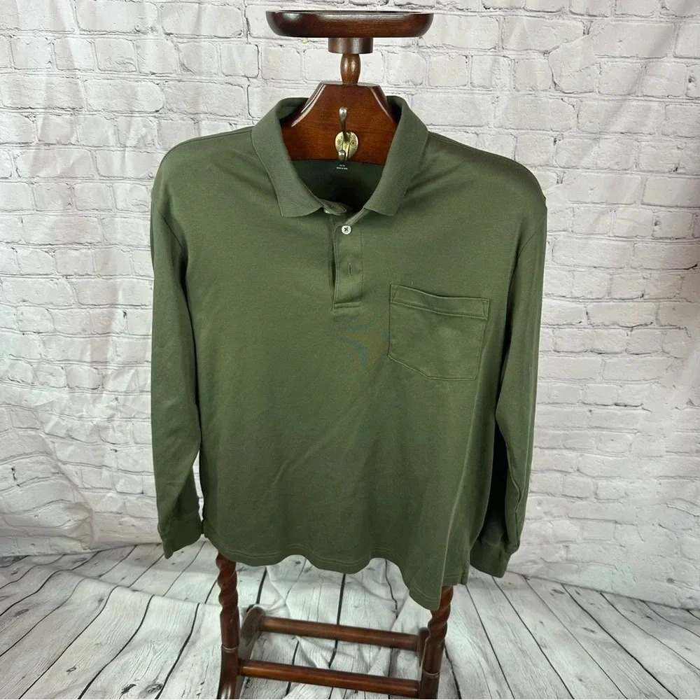 lands' end traditional fit long sleeve polo olive green large